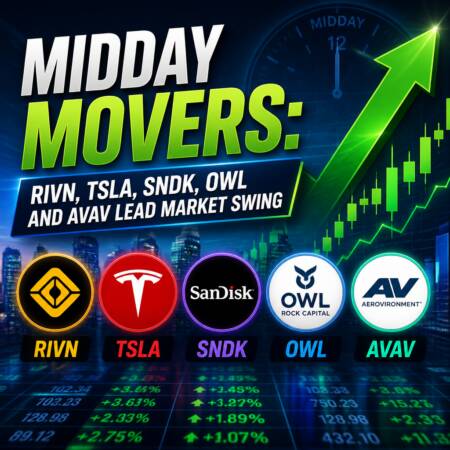Midday Movers: RIVN, TSLA, SNDK, OWL and AVAV Lead Market Swing Midday Movers: Rivn, Tsla, Sndk, Owl And Avav Lead Market Swing