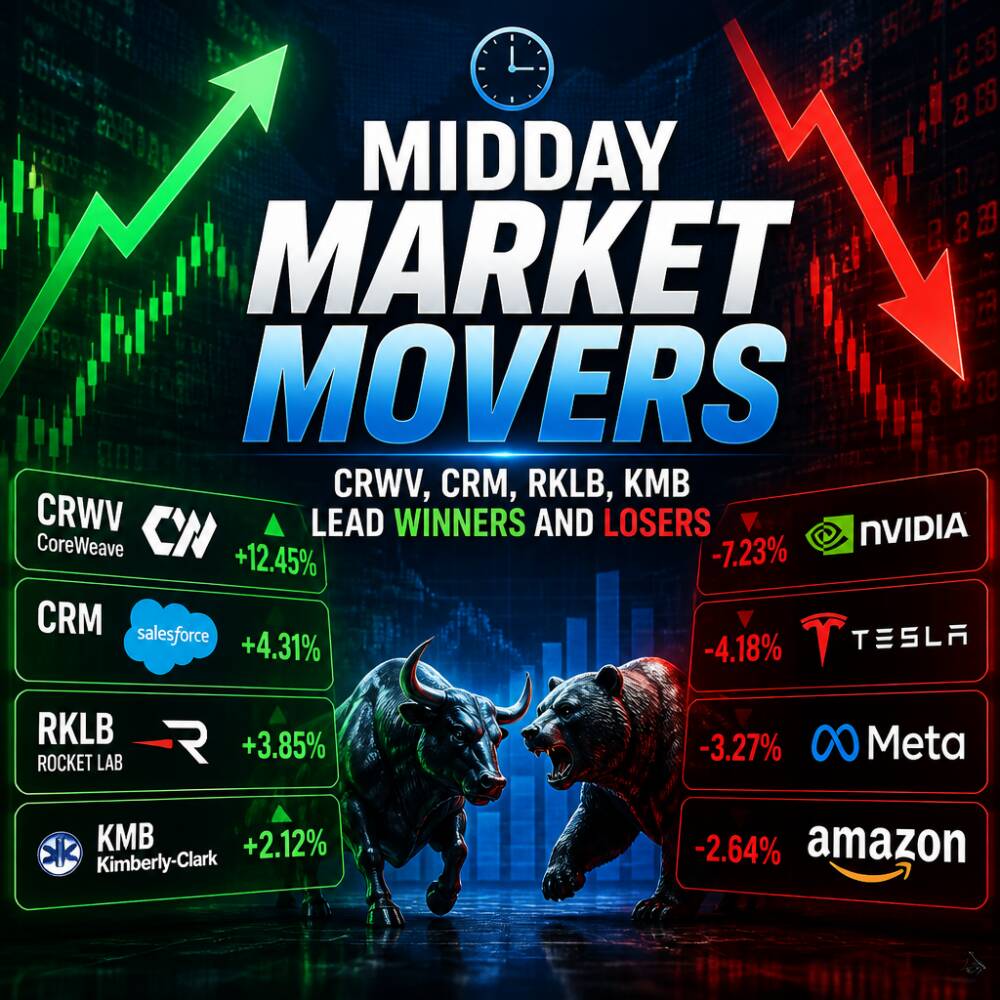 Midday Market Movers: CRWV, CRM, RKLB, KMB Lead Winners and Losers Midday Market Movers: Crwv, Crm, Rklb, Kmb Lead Winners And Losers