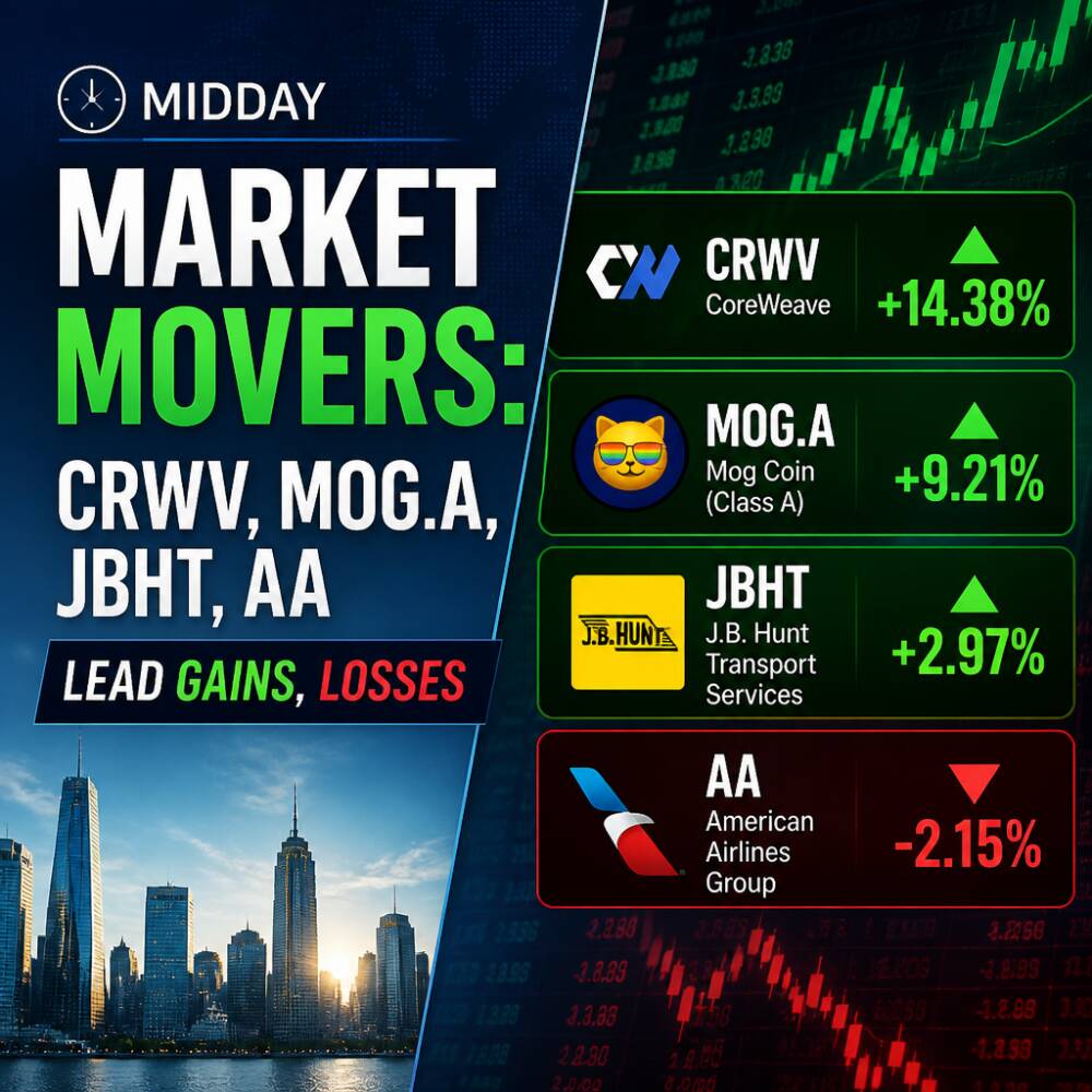 Midday Market Movers: CRWV, MOG.A, JBHT, AA Lead Gains, Losses Midday Market Movers: Crwv, Mog.a, Jbht, Aa Lead Gains, Losses
