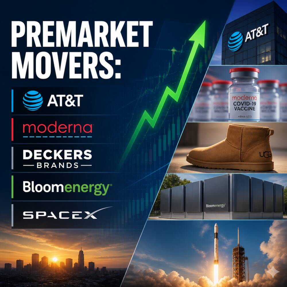 Premarket Movers: AT&T, Moderna, Deckers, Bloom Energy, SpaceX Premarket Movers: At&t, Moderna, Deckers, Bloom Energy, Spacex