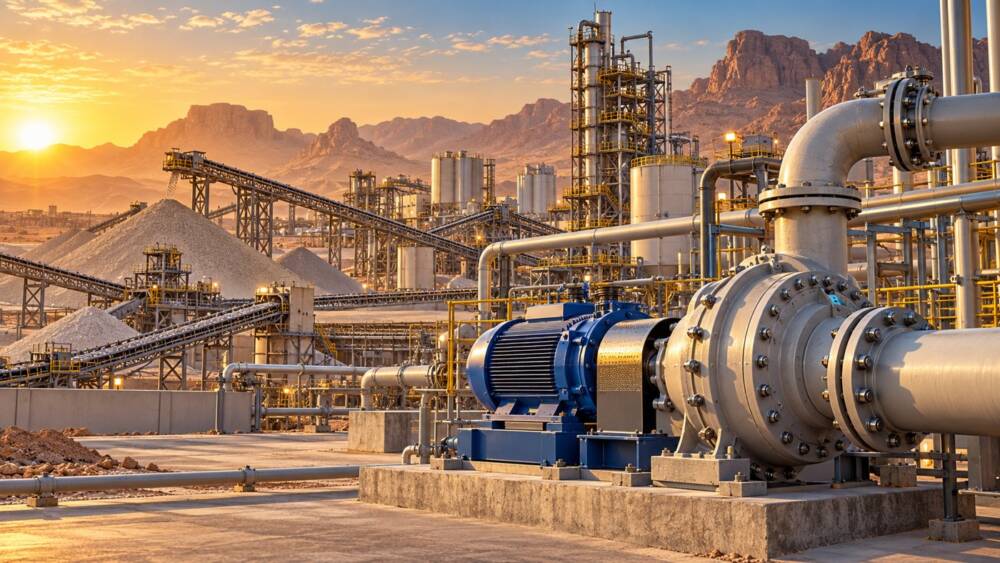 John Crane wins three-year Managed Reliability Programme for Saudi phosphate mining sites AI-generated illustration of pumps and pipelines at a desert phosphate processing plant.