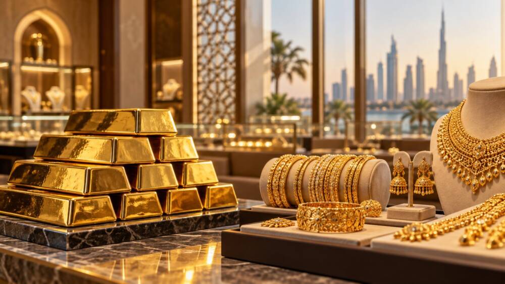 Monetary Metals completes gold lease financing deal for Kavitha Gold and Diamonds as UAE expansion continues AI-generated illustration of gold bars and jewelry in a UAE showroom.